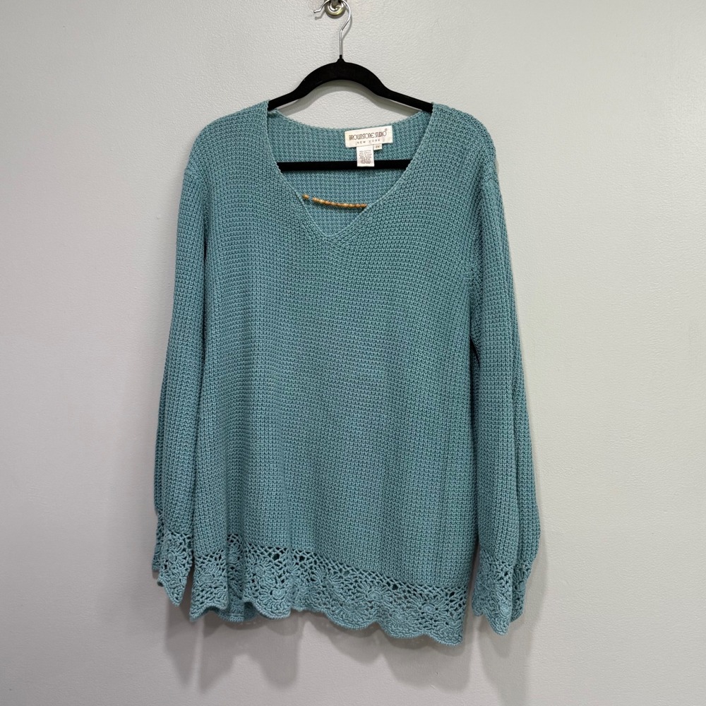 Brownstone Studio Teal Blue Waffle Knit Crochet Trim V-Neck Sweater 2X